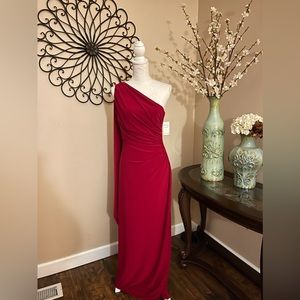 Ruched One Shoulder Red Jersey Gown
